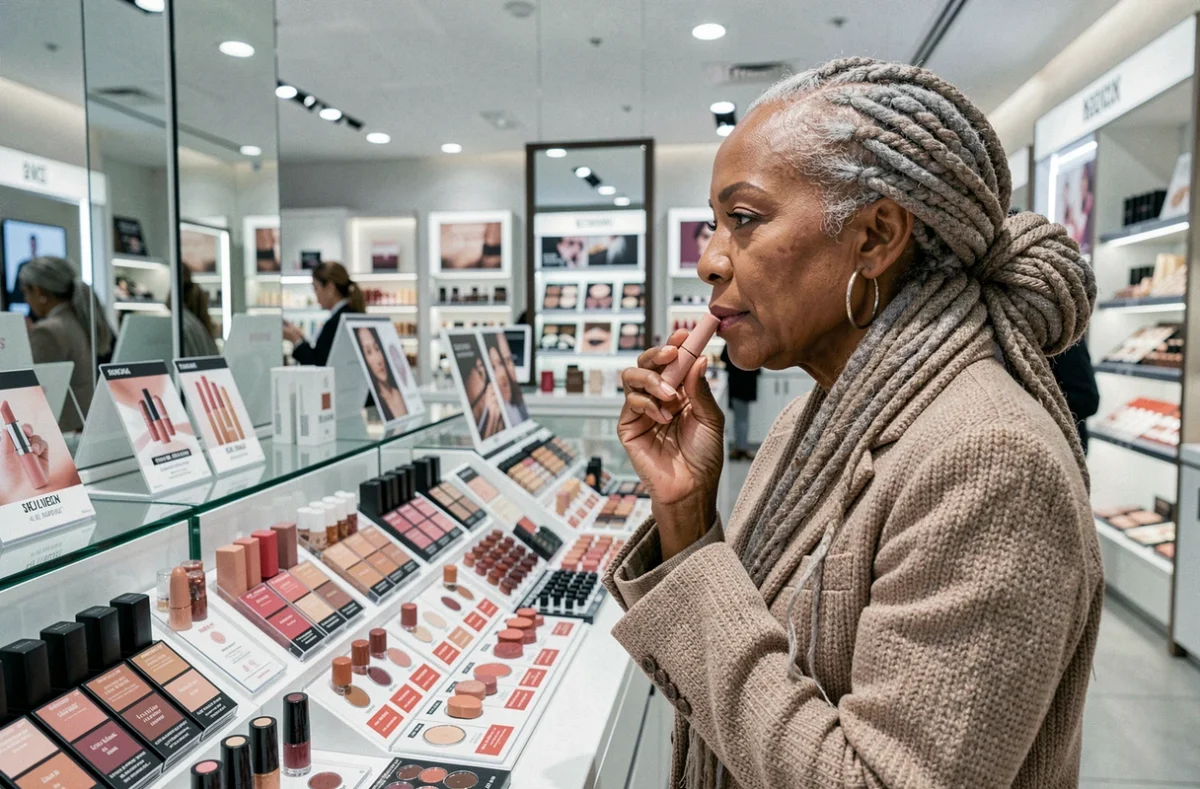 Femme de plus de 60 ans aux locks gris choisissant un rouge à lèvres nude dans un magasin de cosmétiques