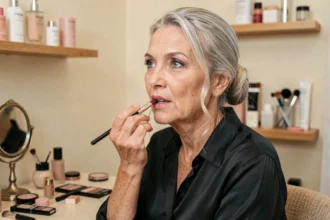 Femme de 60 ans appliquant un rouge à lèvres rose profond devant un miroir de coiffeuse