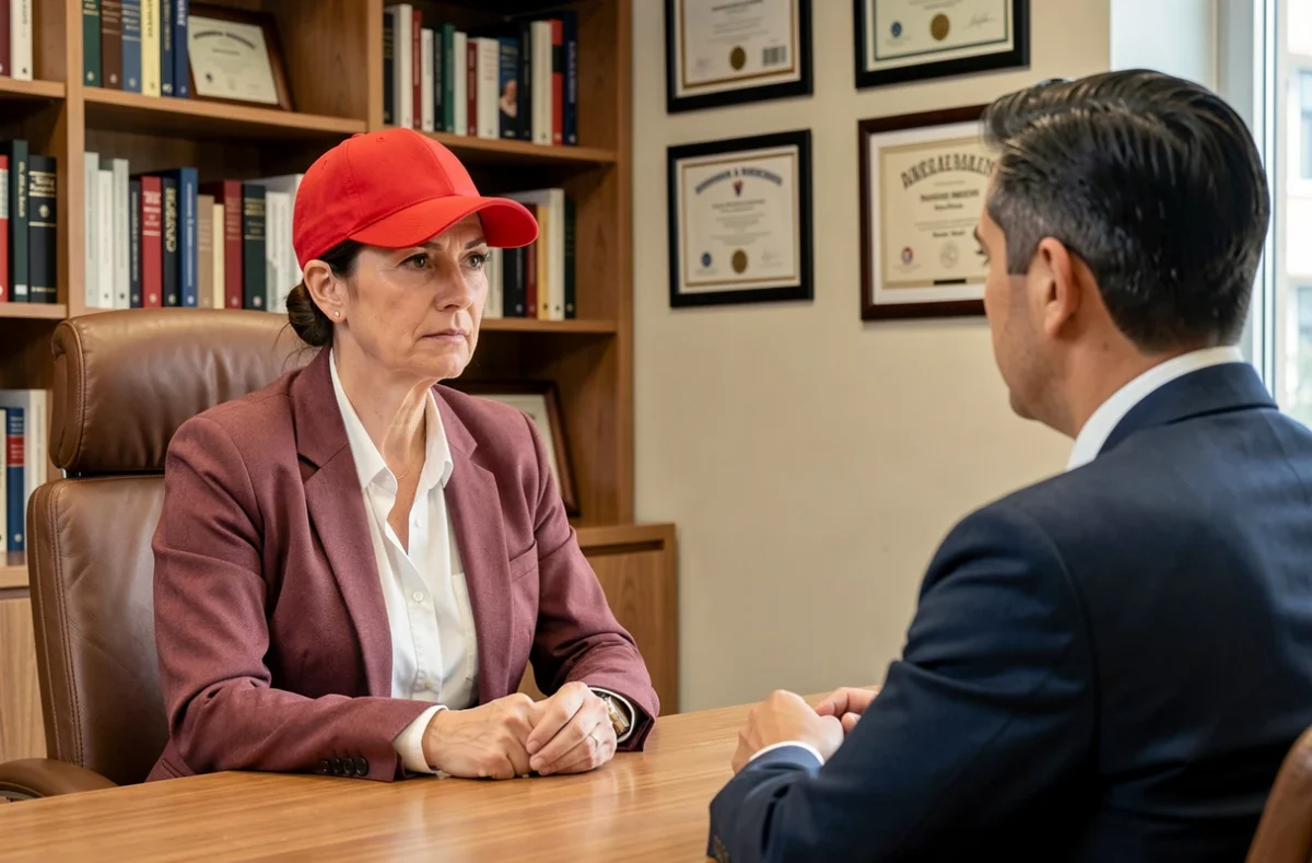 Femme portant une casquette rouge lors d'un entretien professionnel dans un bureau formel, questionnant les règles vestimentaires