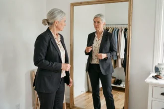 Femme d'une cinquantaine d'années s'observant dans un miroir en pied, vêtue d'un blazer sombre et d'un chemisier fleuri, réfléchissant à son style vestimentaire selon son âge