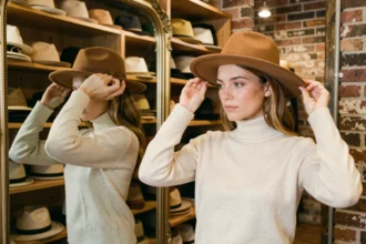 Femme essayant un chapeau fedora en laine dans une boutique de chapeaux vintage pour vérifier la bonne taille