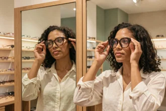 Femme essayant des lunettes oversize en écaille devant un miroir dans une boutique d'optique moderne