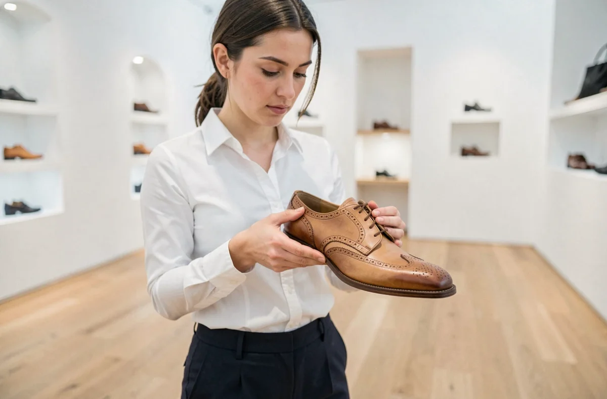 Femme examinant une chaussure artisanale en cuir dans une boutique de chaussures haut de gamme