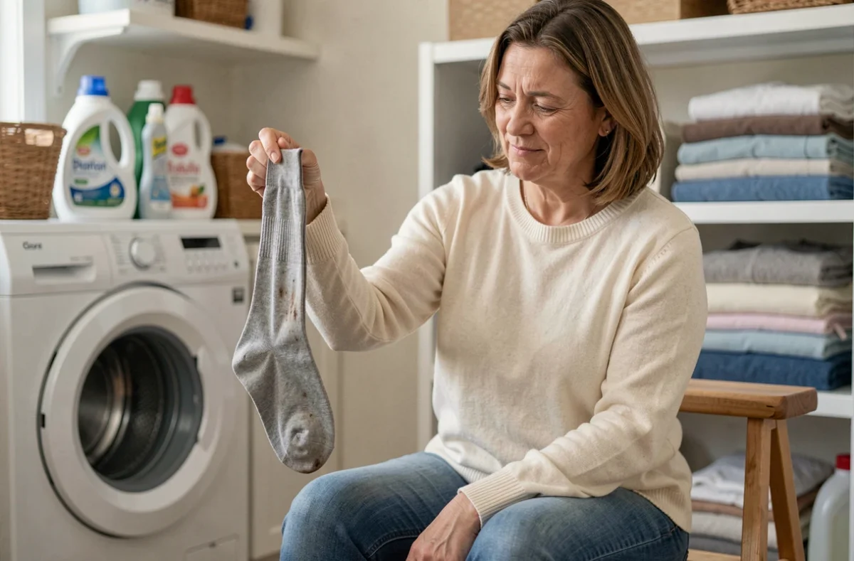Femme examinant une chaussette usée dans une buanderie, évaluant son état et sa durée de vie