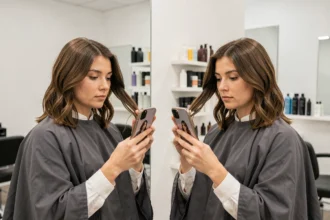 Femme devant un miroir de salon de coiffure comparant sa coiffure actuelle avec une inspiration sur smartphone