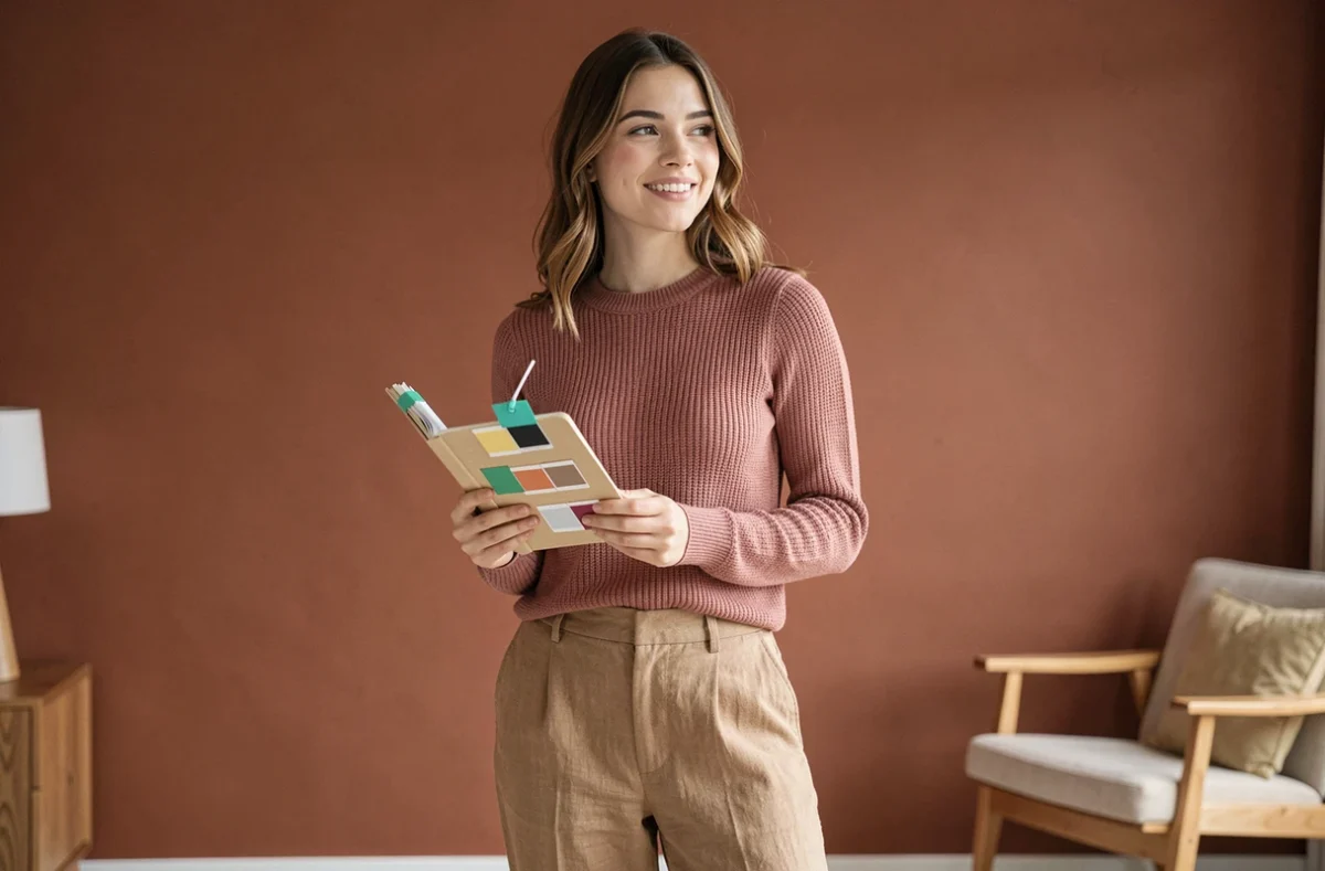Jeune femme devant un mur terracotta Pantone 2026 tenant un carnet de nuanciers dans un appartement contemporain