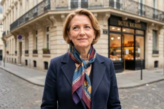 Femme parisienne portant un foulard en soie noué autour du cou dans une rue pavée de Paris