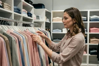 Femme parcourant les rayons de vêtements d'une enseigne de mode rapide de style scandinave