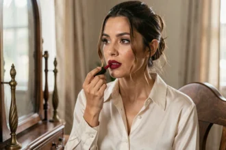 Femme appliquant un rouge à lèvres rouge classique devant un miroir vintage dans une chambre élégante