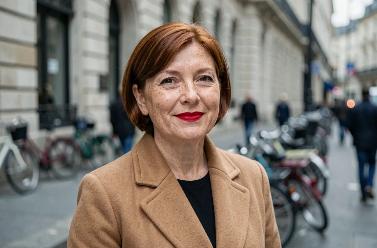 Femme mature en manteau camel avec un rouge à lèvres rouge vif dans une rue parisienne