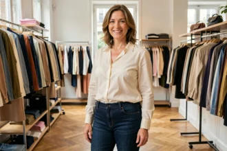 Femme ronde en jean taille haute coupe droite indigo dans une boutique de vêtements parisienne