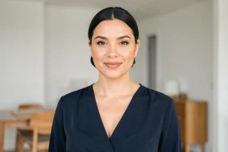 Femme au visage rond bien mise en valeur avec une coiffure chignon bas et un décolleté en V, portrait moderne et élégant