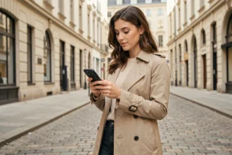 Jeune femme consultant l'application Zalando sur smartphone dans une rue européenne pavée
