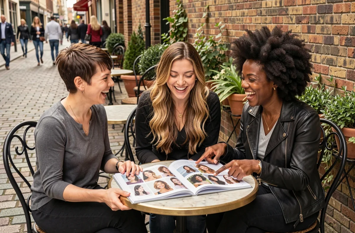 Trois femmes aux coiffures différentes comparant des idées de coupe de cheveux dans un magazine dans un café en terrasse