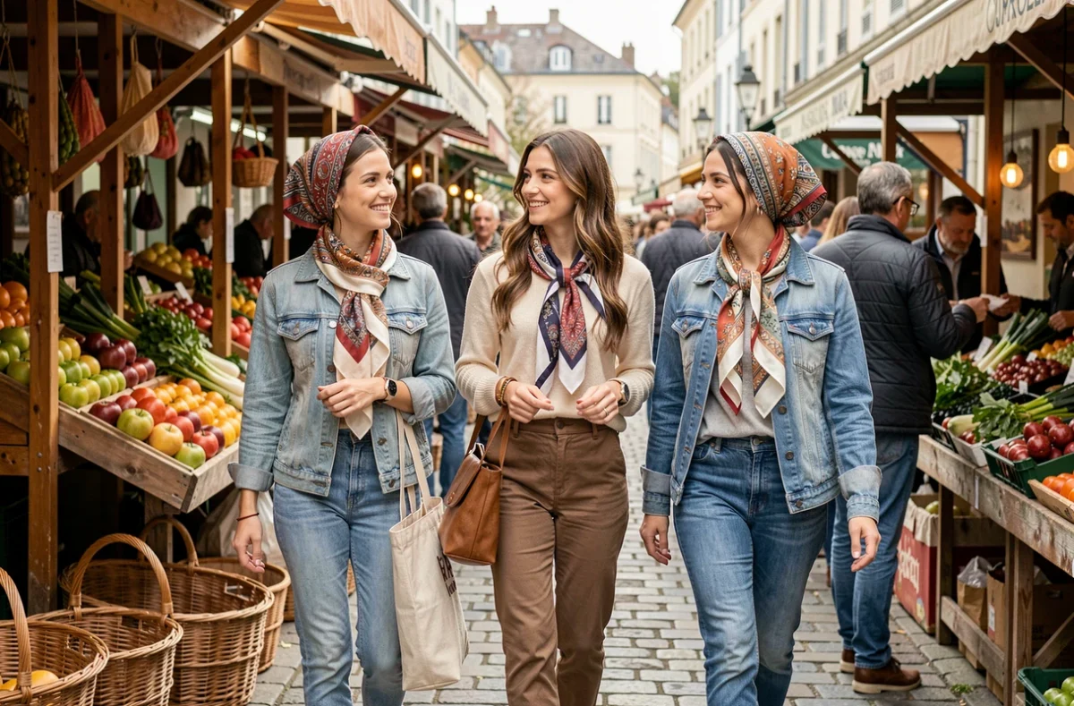 Trois femmes françaises portant des foulards de différentes façons dans un marché en plein air
