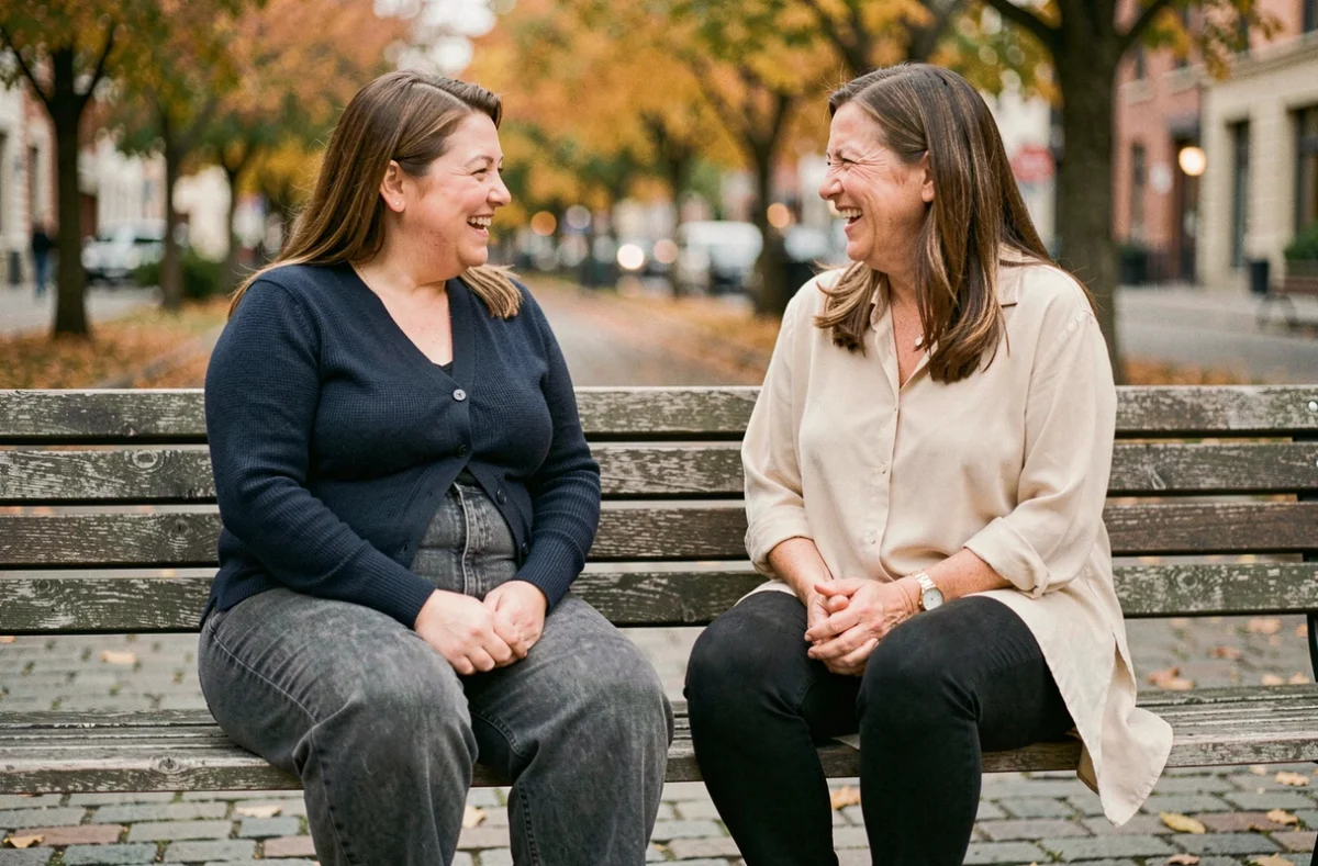 Deux femmes rondes comparant leurs jeans coupe large et slim dans un parc urbain en automne