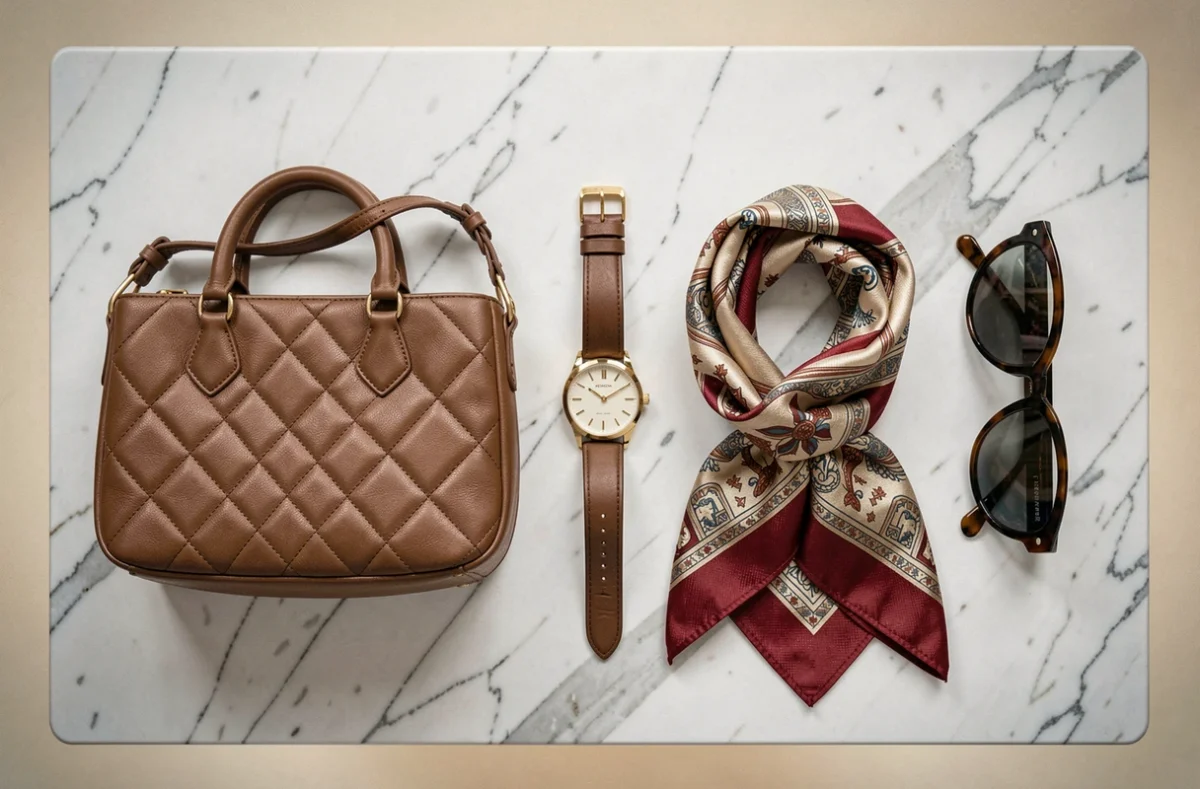 Flat lay d'accessoires de mode de luxe sur marbre blanc : sac matelassé, montre dorée, foulard en soie et lunettes de soleil de grandes marques concurrentes