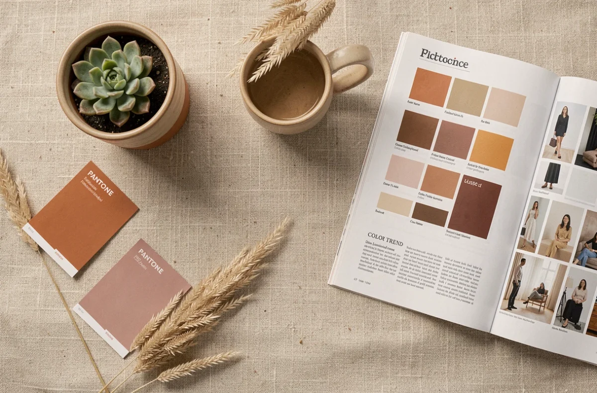 Composition flat-lay de nuanciers Pantone tendance 2026 avec accessoires décoratifs en tons terreux sur fond de lin naturel