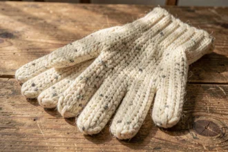 Gants chauds en laine tricotée posés sur une table en bois rustique, vue rapprochée mettant en valeur la texture naturelle des fibres