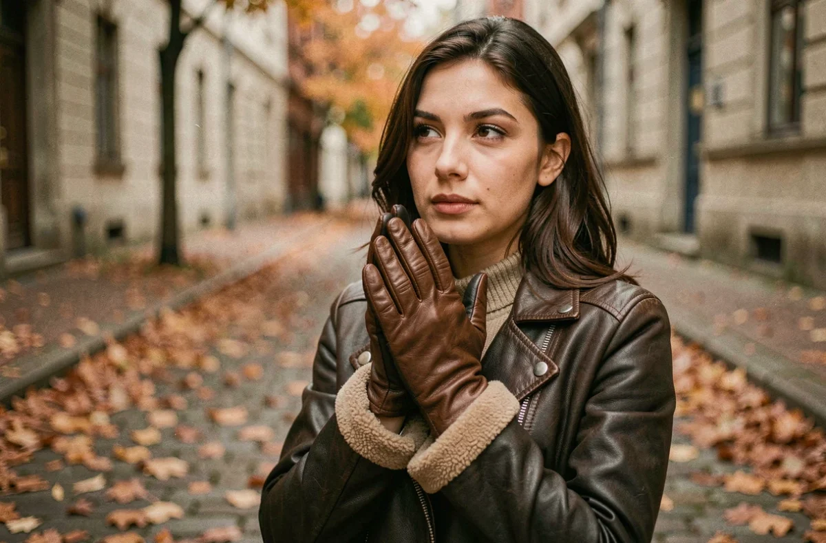 Femme portant des gants en cuir doublés de polaire en automne dans une rue pavée, matière chaude et élégante pour l'hiver