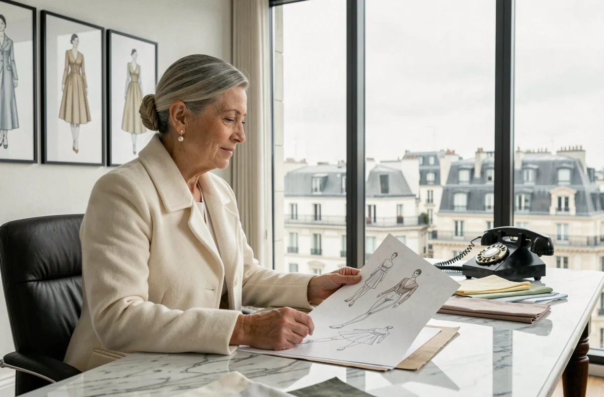 Grande créatrice de mode internationale travaillant dans un bureau parisien élégant sur des croquis de collection