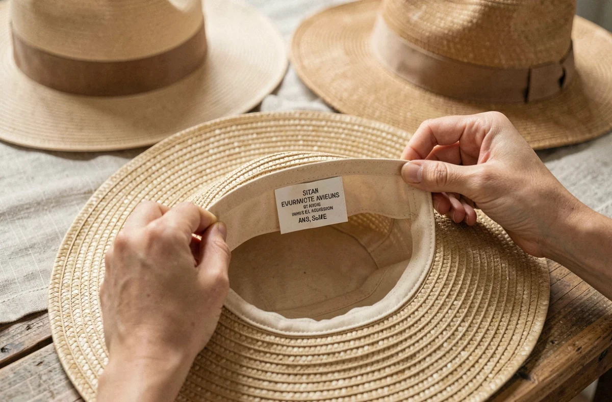 Gros plan sur l'étiquette de taille à l'intérieur d'un chapeau de paille beige pour vérifier le bon ajustement