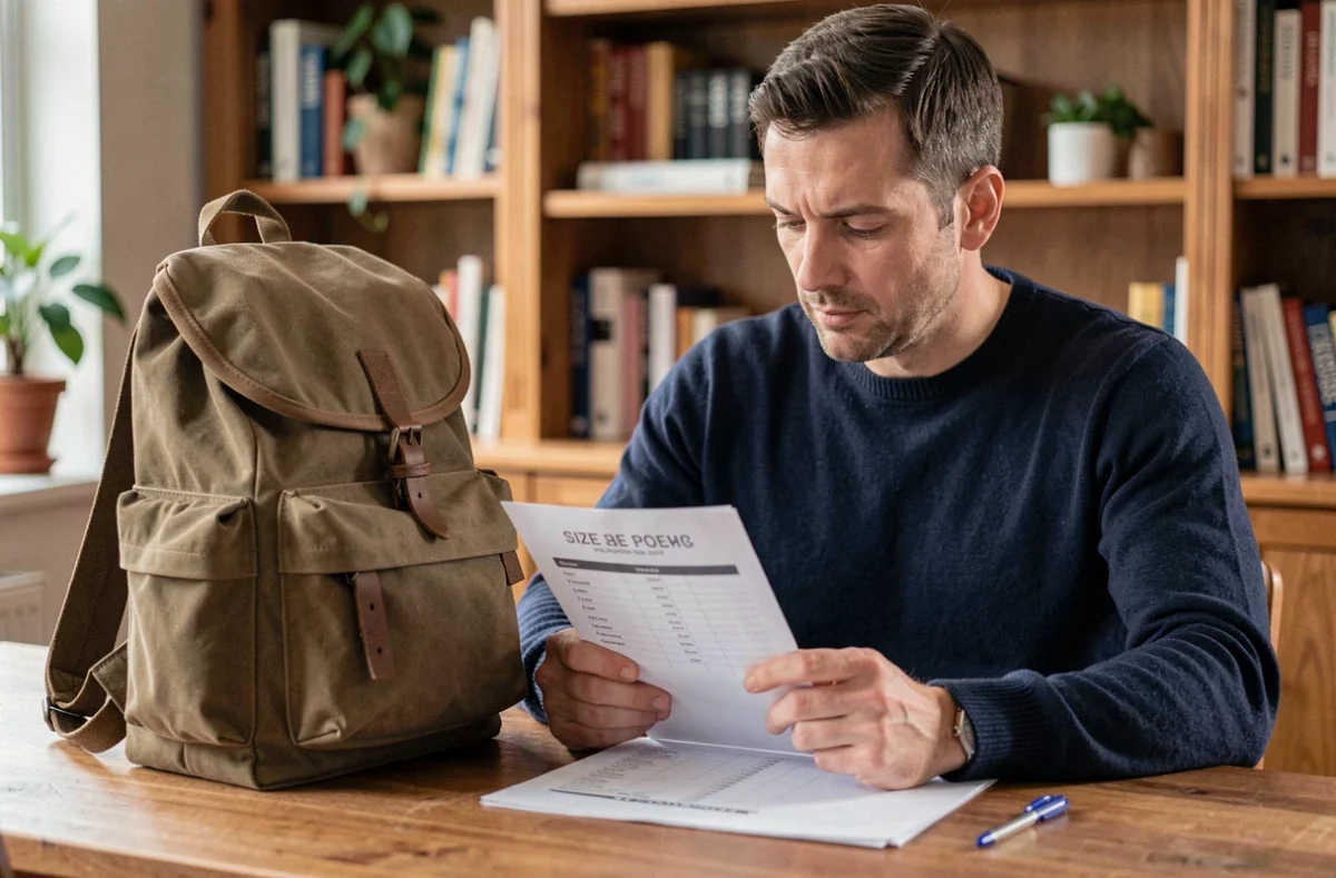 Homme consultant un guide des tailles de sac à dos assis à un bureau en bois à la maison
