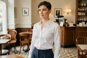 Femme aux cheveux courts en pixie cut portant une chemise blanche ajustée dans un café parisien
