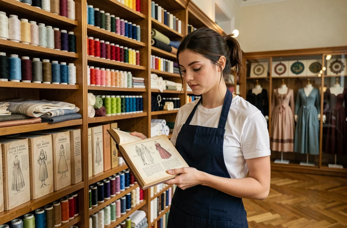 Jeune femme consultant un livre ancien sur l'histoire de la couture dans une bibliothèque de tissus d'une école de mode française