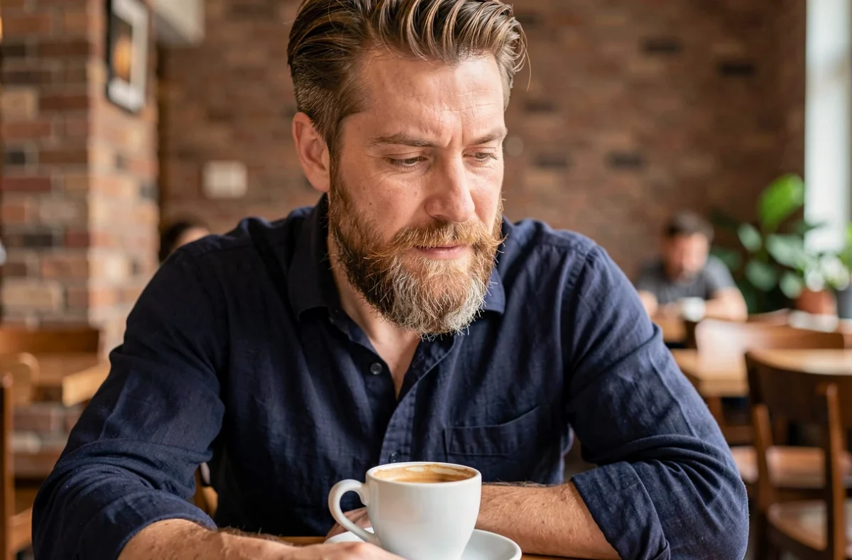 Homme adulte avec une barbe fournie de densité variable assis dans un café