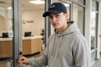 Homme portant une casquette à l'entrée d'un bâtiment professionnel, illustrant la question du port de casquette au travail