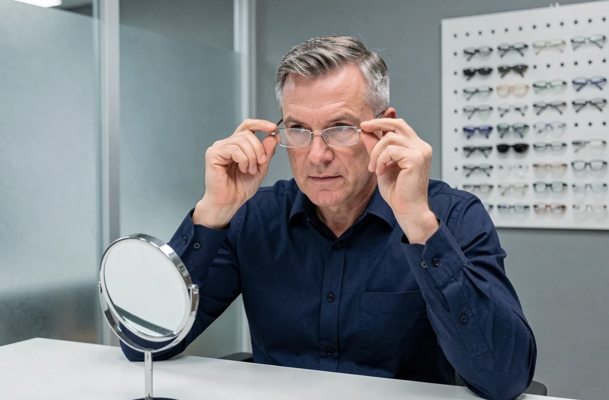Homme d'âge mûr comparant des montures de lunettes rectangulaires métalliques chez un opticien