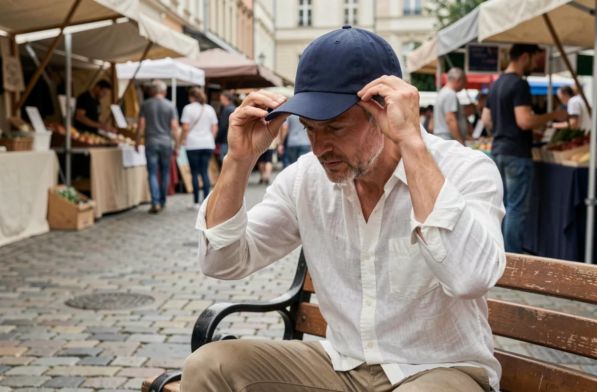 Homme vérifiant la taille d'une casquette bleue marine sur un marché en plein air