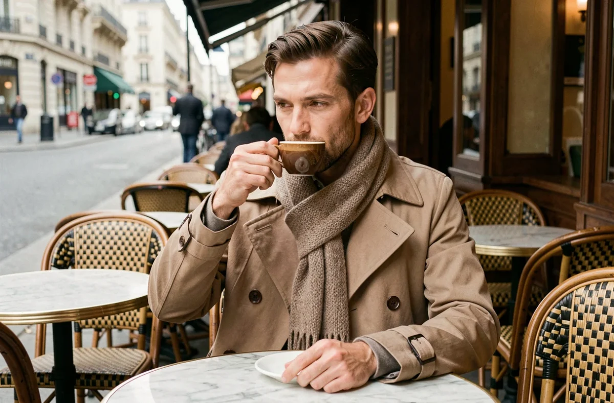 Homme français portant un foulard en laine à la terrasse d'un café parisien