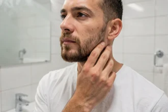 Jeune homme examinant la pousse de sa barbe naissante dans un miroir de salle de bain