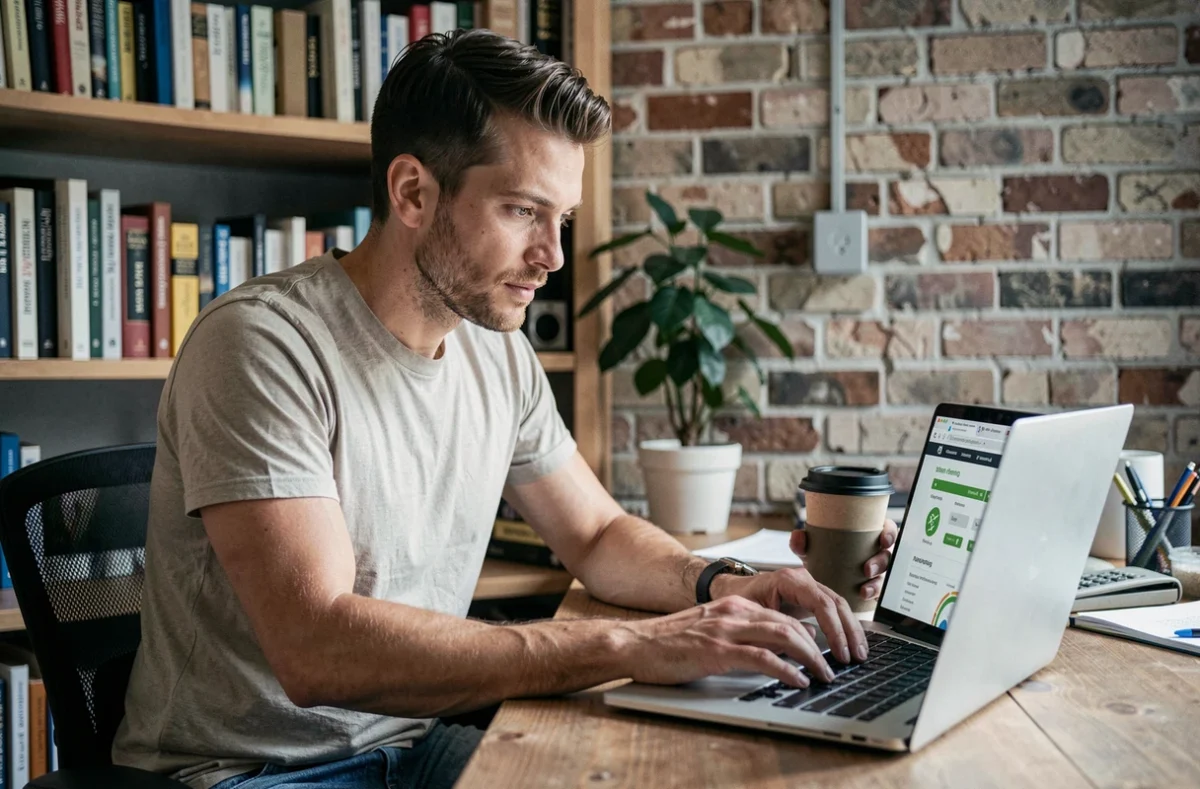 Homme consultant un site web de notation de marques durables sur un ordinateur portable depuis son bureau à domicile
