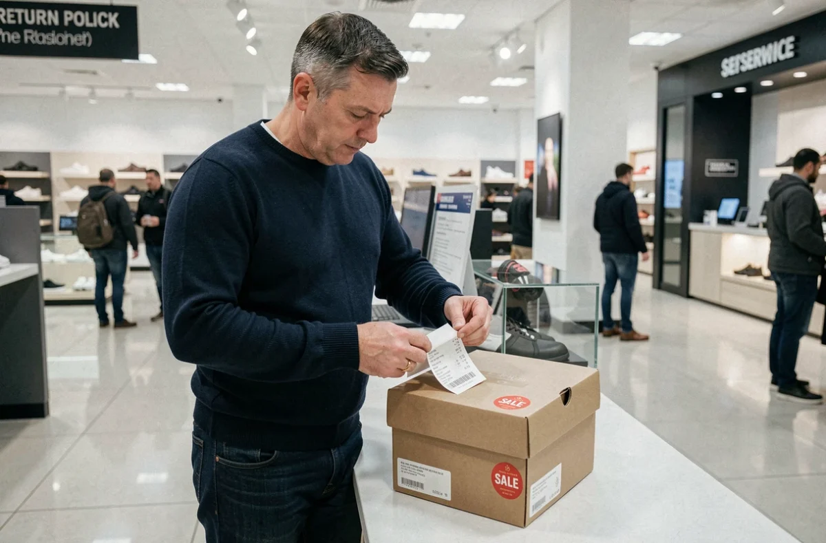 Homme examinant un reçu et un article en solde dans un grand magasin avant un retour
