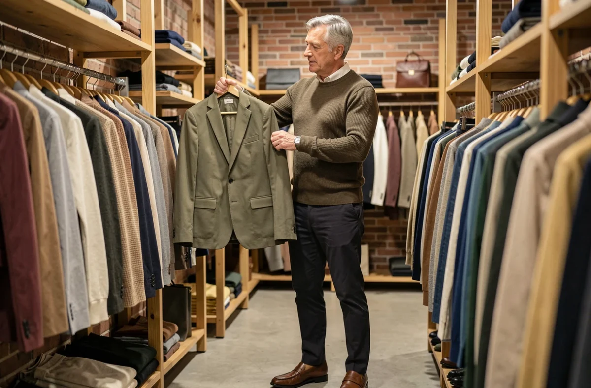 Homme élégant d'une soixantaine d'années essayant une veste moderne dans une boutique de mode indépendante, questionnant les codes vestimentaires liés à l'âge