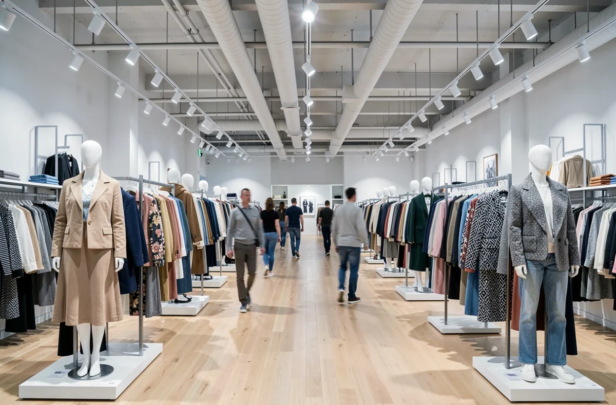 Vue intérieure grand angle d'un magasin de fast fashion avec rangées de vêtements et mannequins