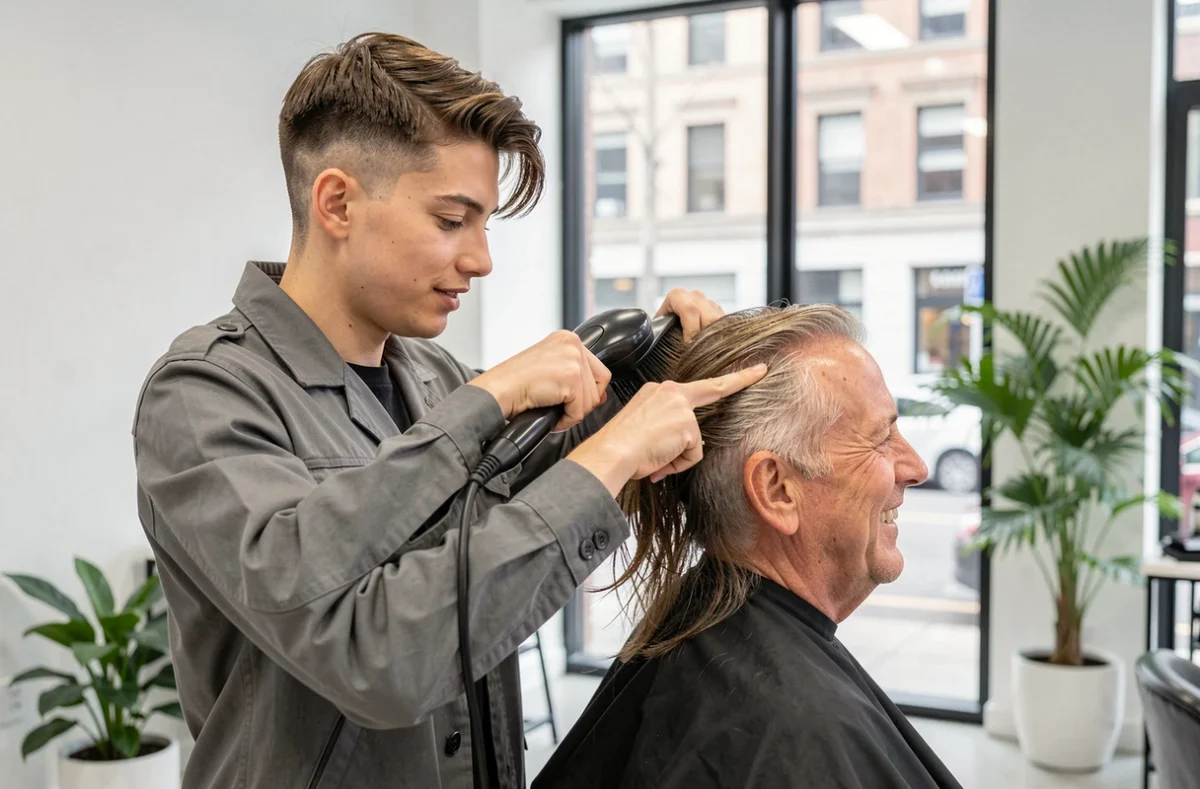 Jeune coiffeur précis et concentré réalisant un brushing pour un client dans un salon contemporain lumineux