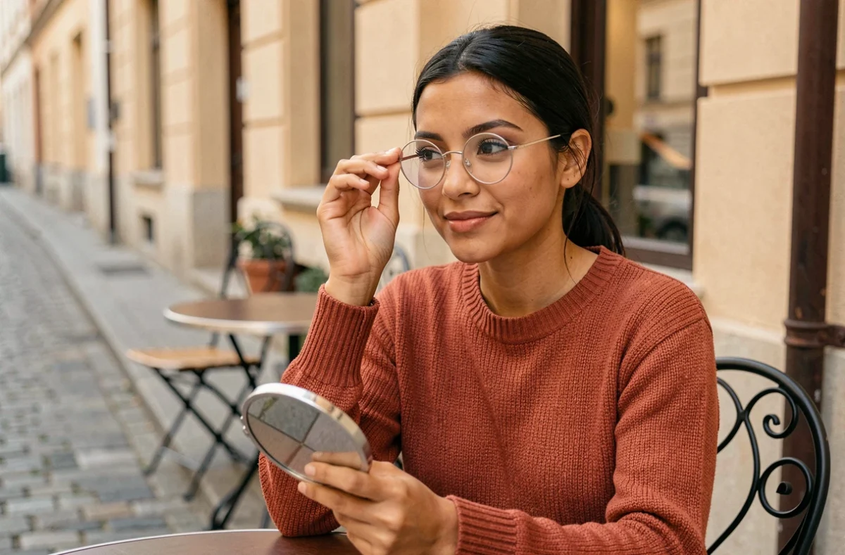Jeune femme essayant des lunettes rondes dorées avec un miroir de poche en terrasse de café