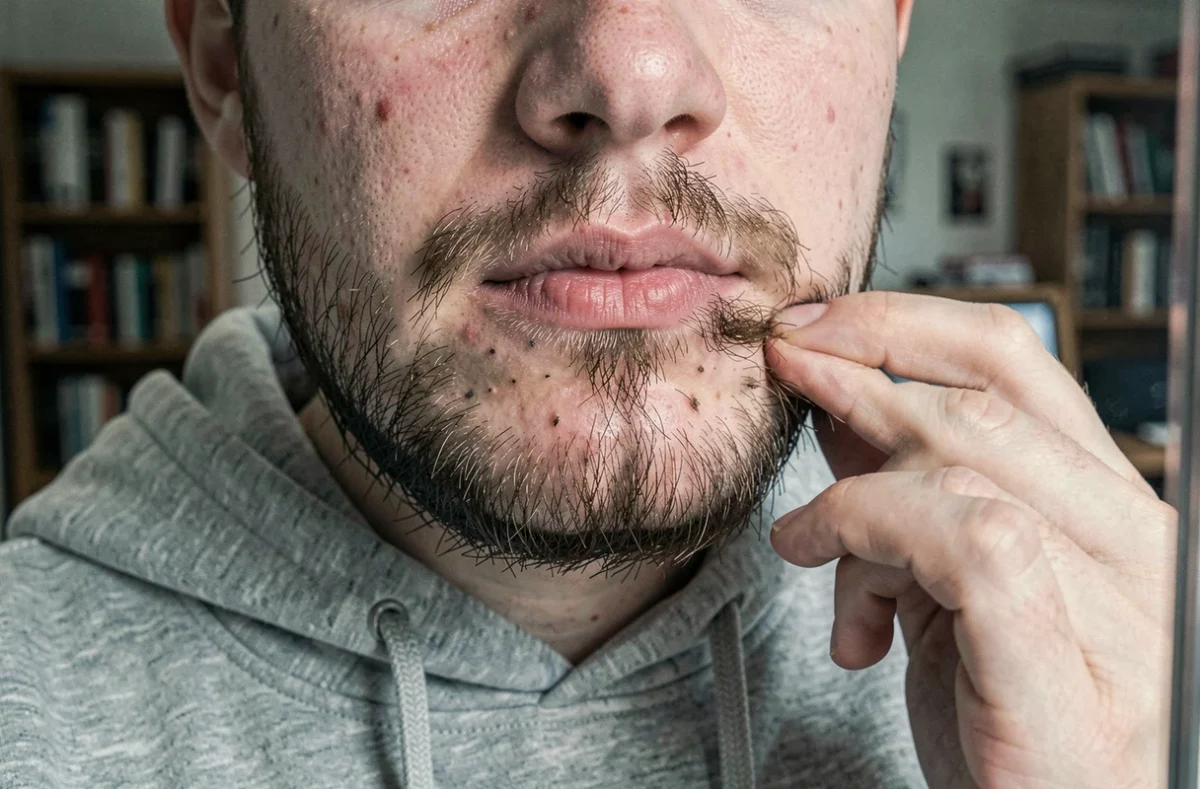 Jeune homme comparant la densité asymétrique de sa barbe en croissance devant un miroir