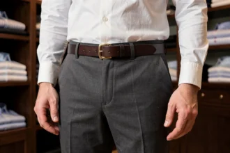 Homme portant une ceinture en cuir marron de 3 cm de largeur avec un pantalon habillé gris anthracite dans une boutique de mode masculine