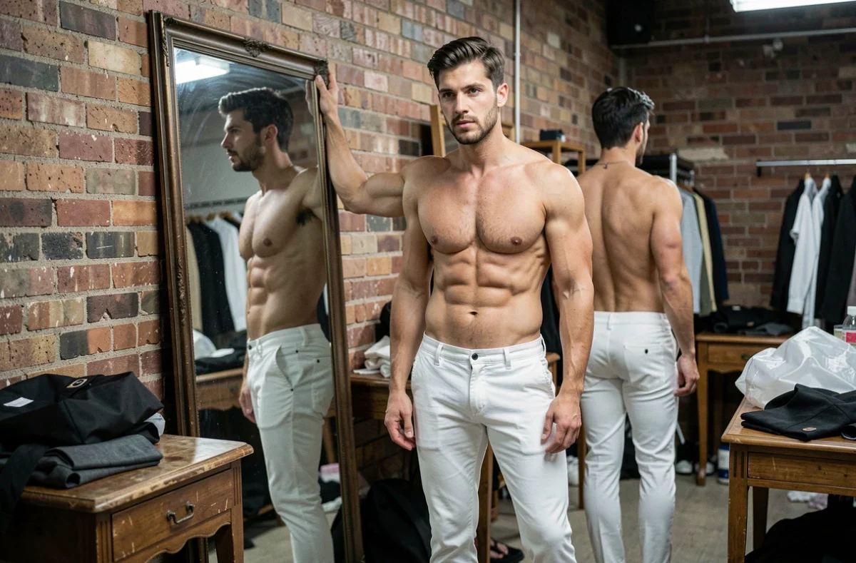 Mannequin masculin torse nu en coulisses devant un miroir, montrant la composition corporelle typique des mannequins professionnels