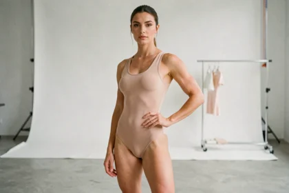 Mannequin professionnelle en justaucorps beige dans un studio minimaliste, illustrant la silhouette athlétique et le taux de graisse corporelle des mannequins