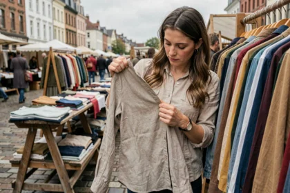 Femme inspectant un vêtement de seconde main sur un marché vintage pour lutter contre la fast fashion