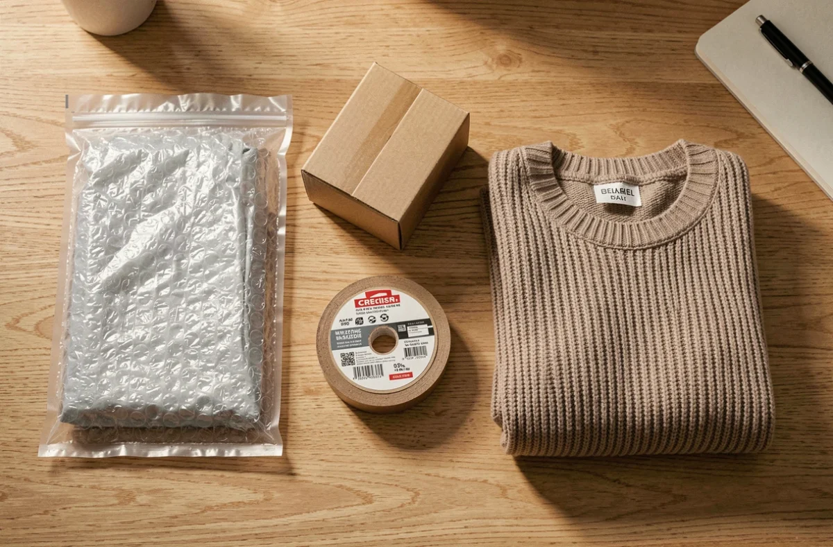 Vue de dessus des matériaux d'emballage pour envoi de vêtements sur Vinted : enveloppe matelassée, boîte carton, ruban adhésif et étiquette d'expédition