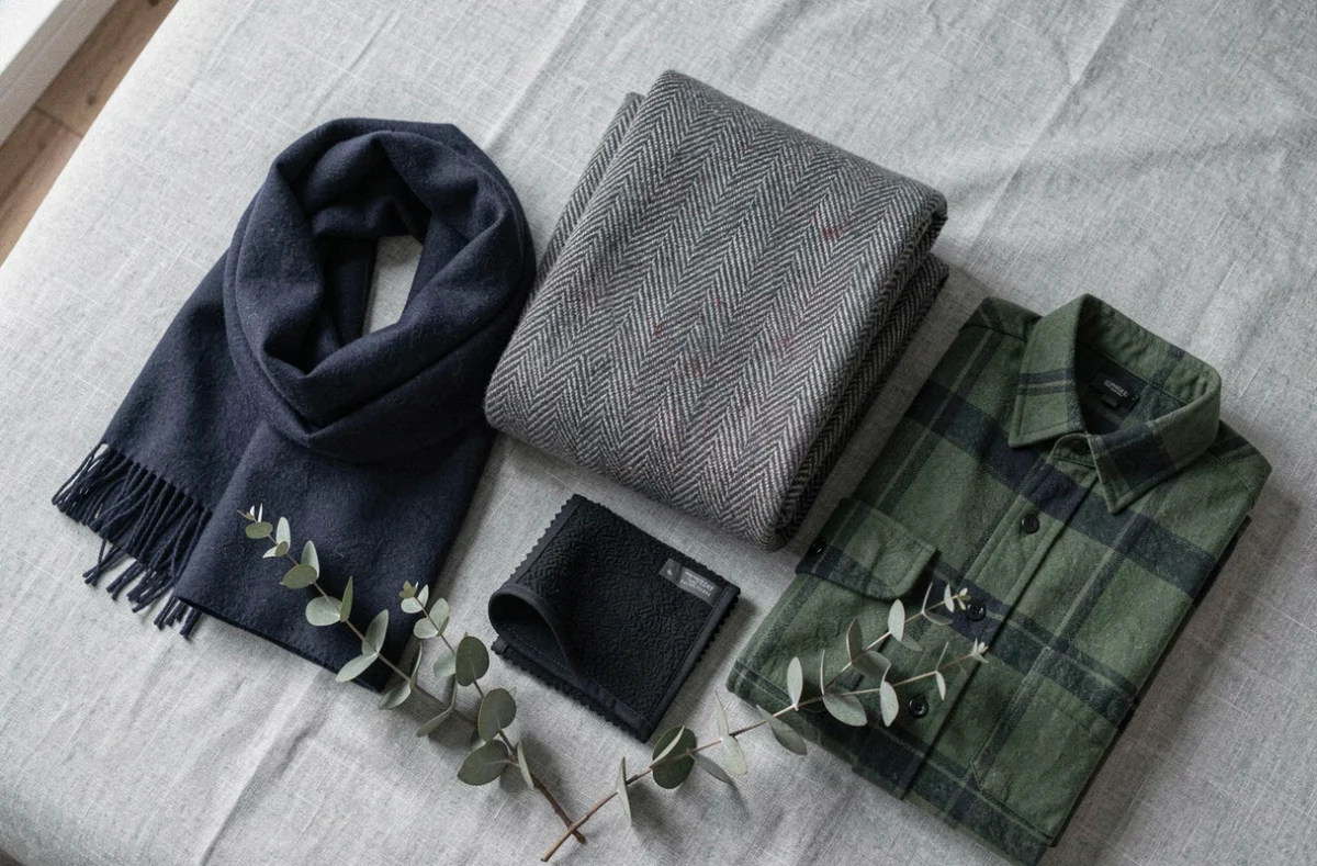 Sélection de tissus chauds pour l'hiver dont cachemire, laine et polaire en flat lay