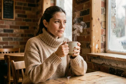 Femme portant un pull en laine épaisse dans un café chaleureux par temps froid