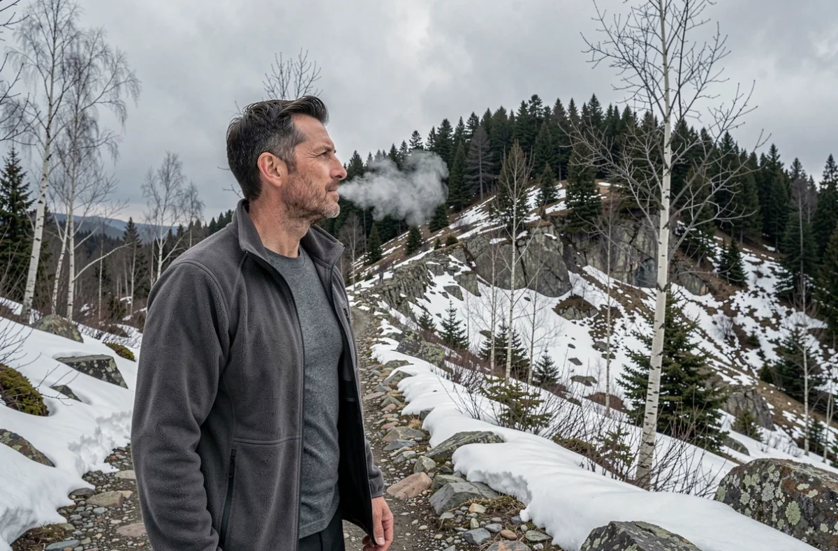 Homme en laine mérinos et polaire sur un sentier de montagne enneigé en hiver